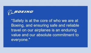 Boeing's March 18 tweet read "Safety is at the core of who we are at Boeing, and ensuring safe and reliable travel on our airplanes is an enduring value and our absolute commitment to everyone."