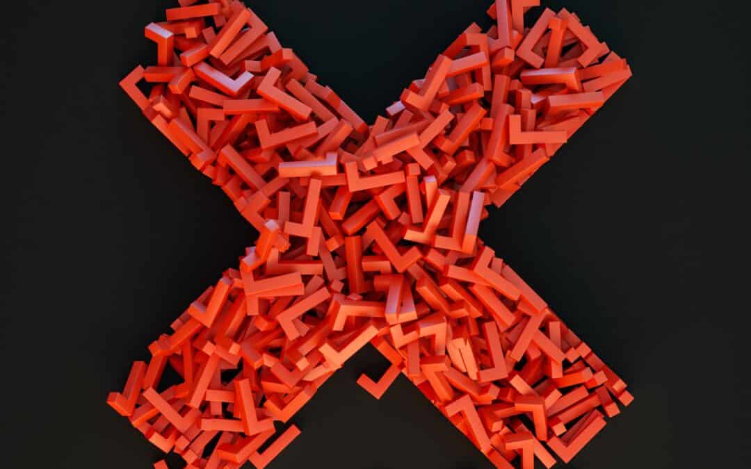 A large red letter X formed by many small red check marks, with some check marks falling below