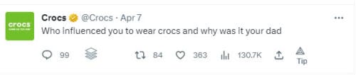 Crocs tweet with the quote Who influenced you to wear crocs and why was it your dad