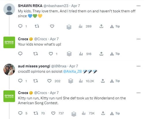 Comments to the dad tweet above. Shawn Reka said My kids. They love them. And I tried them on and haven't took them off since. Crocs responded Your kids know what's up! aud misses yoongi commented crocs!! opinions on soloist AleXa? Crocs responded Kitty run run, Kitty run run! She def took us to Wonderland on the American Song Contest.