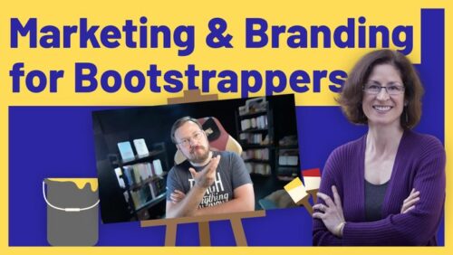 Blue and yellow graphic with headline Marketing and Branding for Bootstrappers, with a picture of Arvid Kahl and one of Evelyn Starr