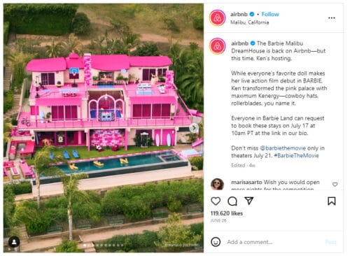 Airbnb Instagram post promoting stays at Barbie's Dreamhouse, hosted by Ken