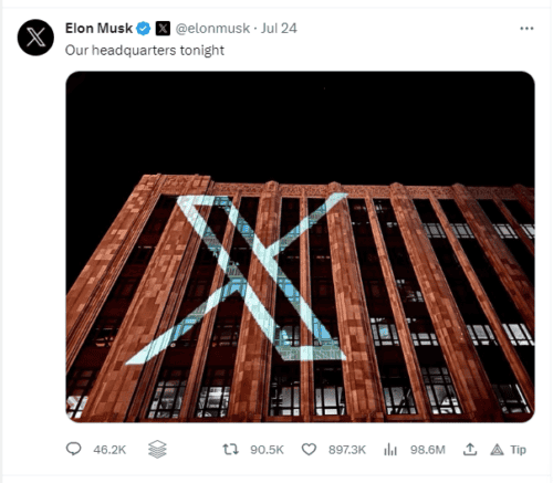 Musk Tweet July 24 2023 with X logo projected onto headquarters