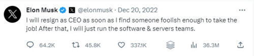 Musk tweet saying he will resign as CEO when replacement found.