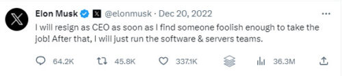 Musk tweet saying he will resign as CEO when replacement found