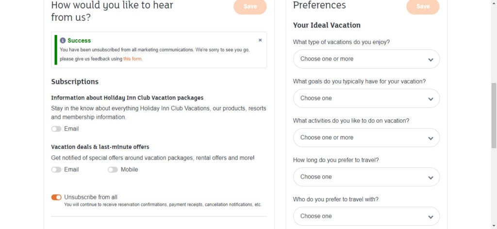 Holiday Inn marketing email preferences