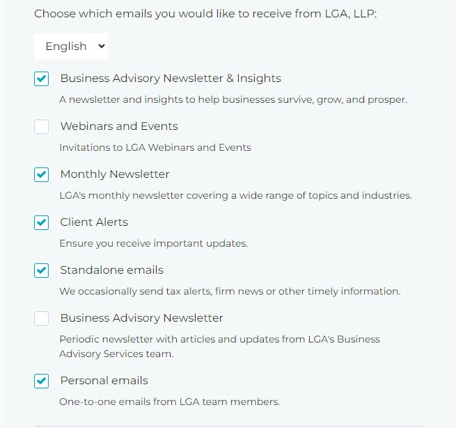 LGA email preference options showing Business Advisory newsletter & insights, webinars and events, monthly newsletter, client alerts, standalone emails, Business Advisory Newsletter, and personal emails options 