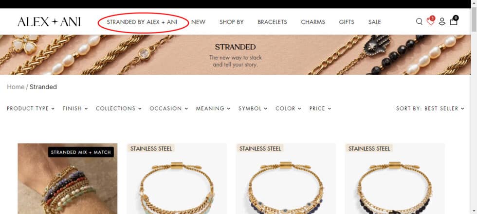Screenshot of Alex and Ani website in March 2024 on page featuring new line Stranded by Alex and Ani with that menu item highlighted in red and showing their gold colored bracelets with pearls.