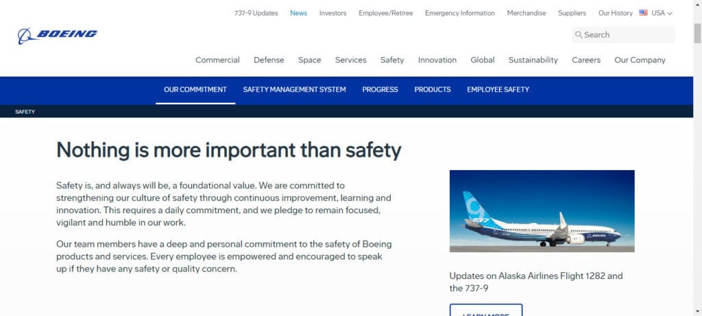 boeing.com page on their commitment to safety with the headline "Nothing is more important than safety"