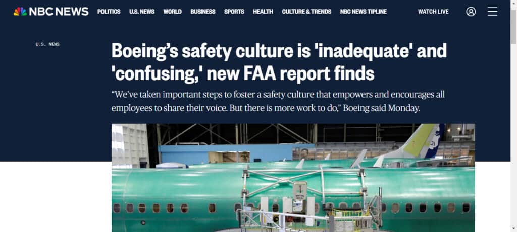 nbcnews.com page reporting with the headline "Boeing's safety culture is 'inadequate' and 'confusing,' new FAA report finds