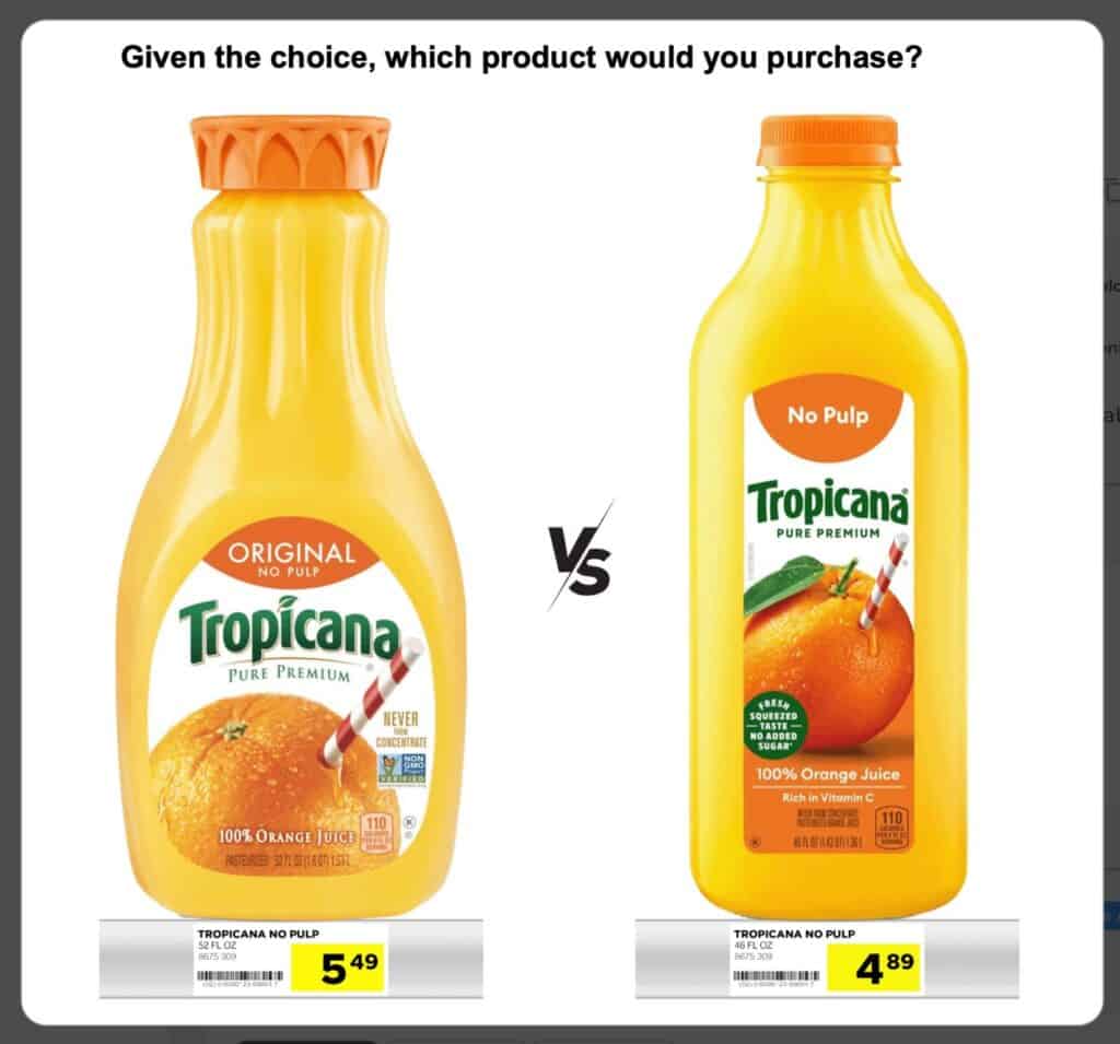 Tropicana comparison carafe versus bottle from Designalytics