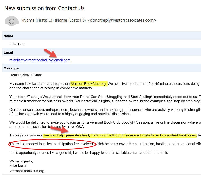 Contact form inquiry from Mike Liam of Vermont Book Club to Evelyn Starr about featuring Teenage Wastebrand, with scam tells highlighted