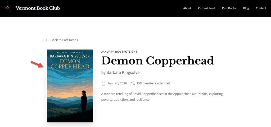 Fake AI generated cover for Barbara Kingsolver's book Demon Copperhead on Vermont Book Club website